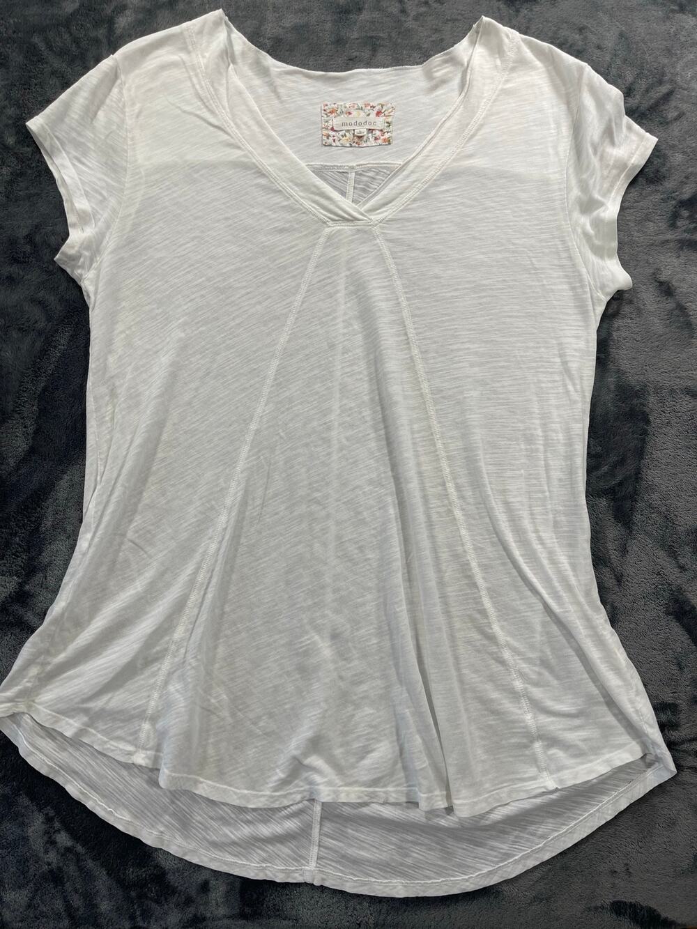 Mododoc 100% Cotton V-Neck Blouse White Short Sleeve Knit Top Size Large L EUC
